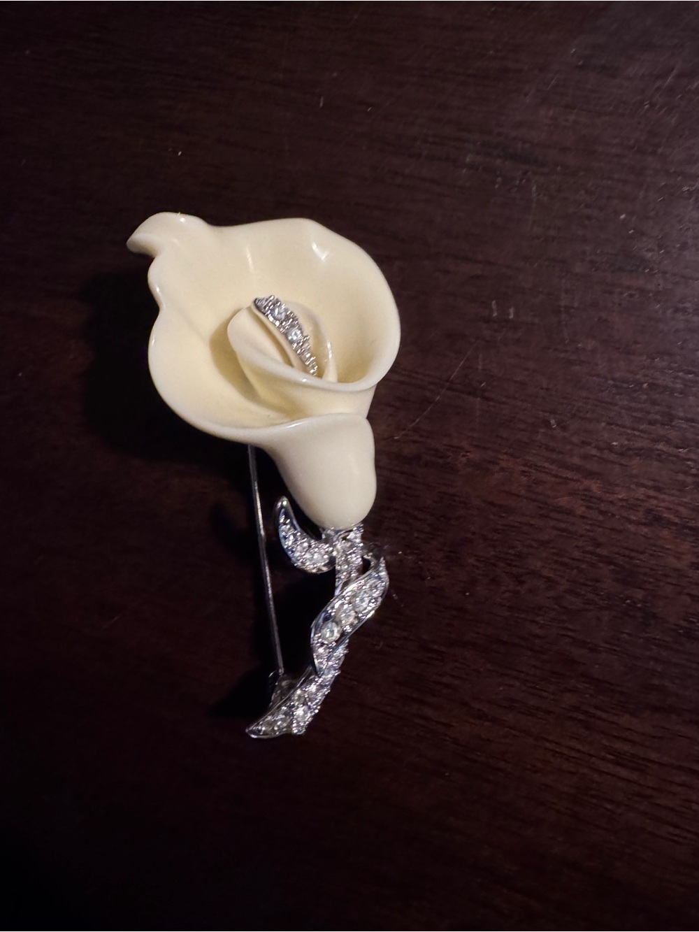 Nolan Miller Cream Calla Lily Brooch with Silver Crystal Stem